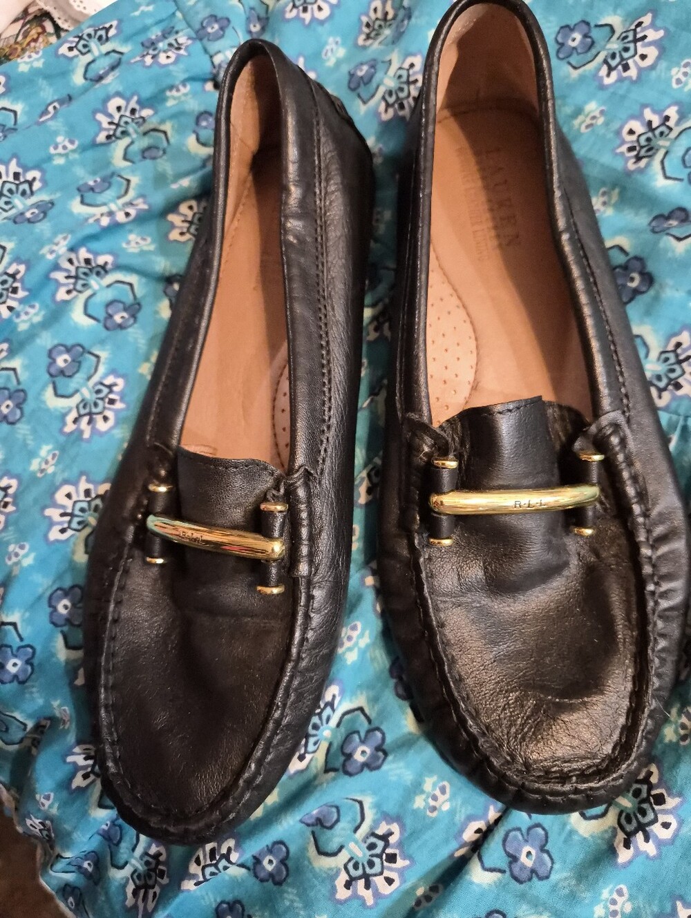 Ralph Lauren briony black leather driving moccasins loafers gold accent Size 7.5